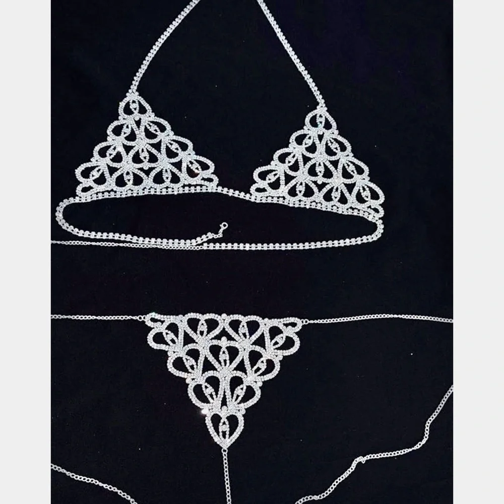 DA VEAMOR  rhinestone body chain silver bikini bra and thong set, NWT